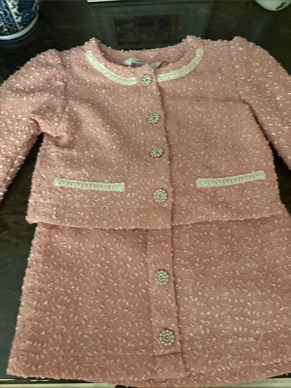 Girls' Pink Tweed Two-Piece skirt  and jacket with pearl type buttons
